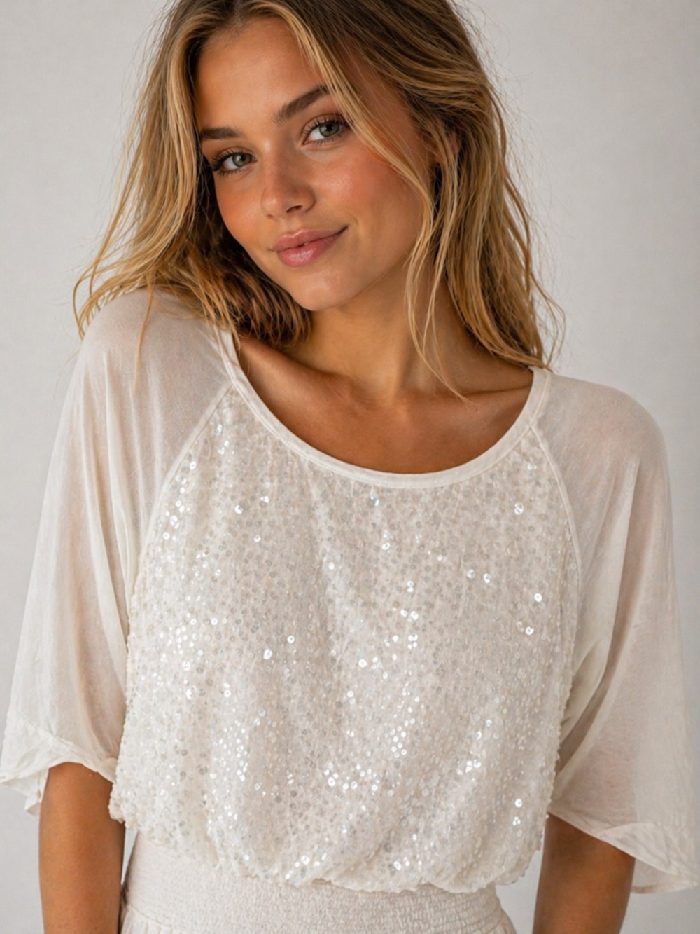 Express Ivory Sequin Raglan Scoop Top
